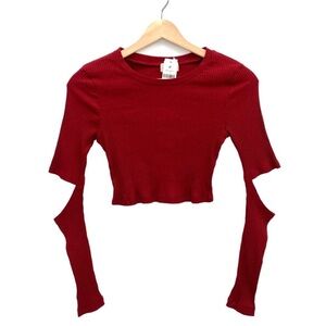 LF Rumor Boutique Cutout Elbows Ribbed Crop Top Size XS Burgundy NWT